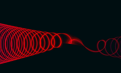 Graphic 3d representation of sound wave, pulse of rhythm, audio radiance, acoustic mix. Fiery red spring on black background. Unwinding swirl. Great as cover print for electronics, banner, element. - 482798233