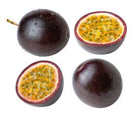 Collection of Passion fruit (Maracuya) with cut in half sliced isolated on white background .