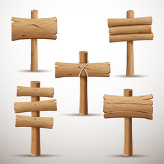 3d wooden signposts collection isolated on white background. Guideposts, road signs and pointer with place for text. Rustic billboards collection for game ui or ad design. Cartoon style illustration.