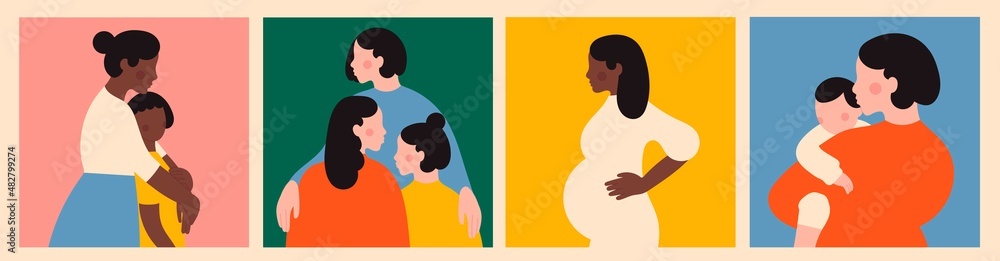 Wall mural portrait of a mother holding and hugging her kids. pregnant lady. loving family, parenthood, togethe