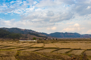 Fototapeta premium isolated house at countryside farming field surrounded with mountain and blue sky at morning