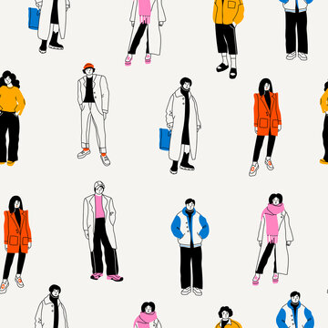 Street fashion look. Young men and women dressed in stylish trendy oversized clothing. Models standing in various poses. Korean japanese asian cartoon style. Hand drawn Vector seamless Pattern
