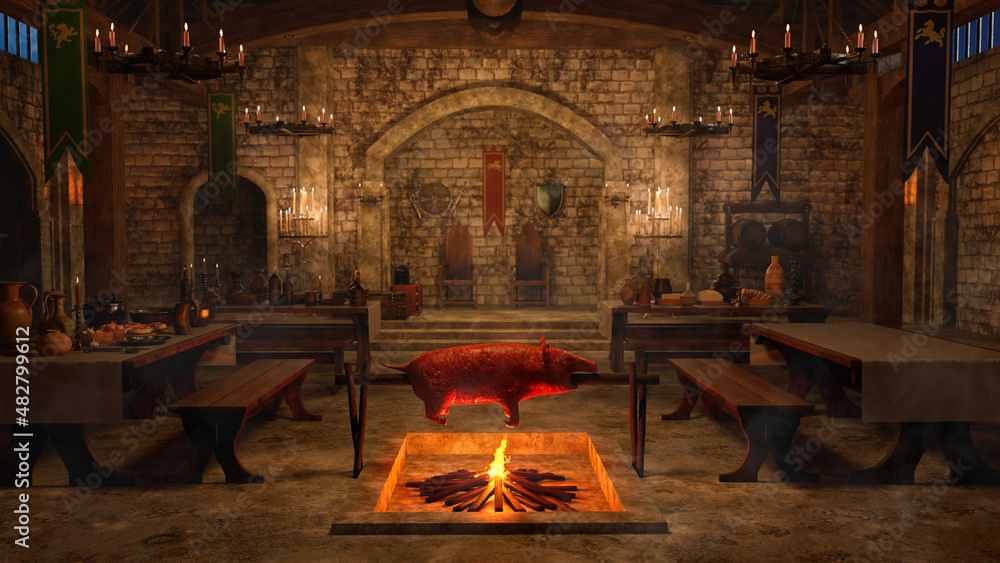 Poster medieval viking dining hall interior with a pig roasting over an open fire and thrones in an archway