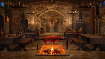 Medieval Viking dining hall interior with a pig roasting over an open fire and thrones in an archway in the background. 3D illustration. - obrazy, fototapety, plakaty