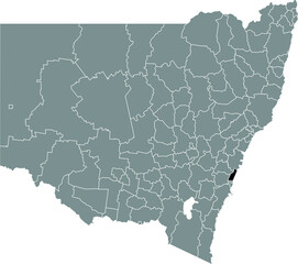 Black flat blank highlighted location map of the CITY OF WOLLONGONG AREA inside gray administrative map of districts of Australian state of New South Wales, Australia