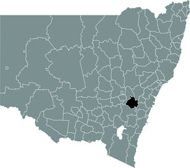 Obraz premium Black flat blank highlighted location map of the OBERON SHIRE AREA inside gray administrative map of districts of Australian state of New South Wales, Australia