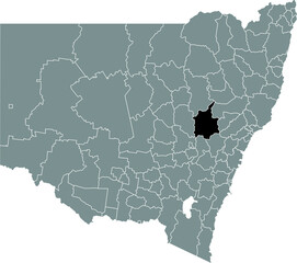 Black flat blank highlighted location map of the MID-WESTERN REGIONAL AREA inside gray administrative map of districts of Australian state of New South Wales, Australia