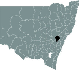 Black flat blank highlighted location map of the CITY OF LITHGOW AREA inside gray administrative map of districts of Australian state of New South Wales, Australia