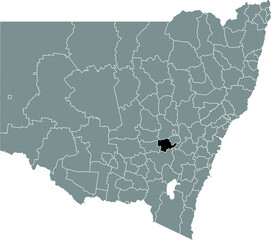 Black flat blank highlighted location map of the COWRA SHIRE AREA inside gray administrative map of districts of Australian state of New South Wales, Australia