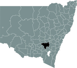 Black flat blank highlighted location map of the HILLTOPS COUNCIL AREA inside gray administrative map of districts of Australian state of New South Wales, Australia