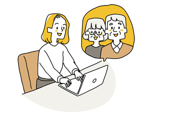 インターネットで両親（祖父母）と会話する女性　オンラインの帰省　コミカルな手書きの人物