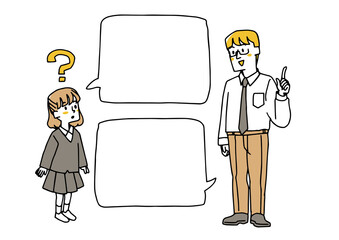 小学生の女の子と先生　質問と答え　コピースペース　コミカルな手書きの人物イラスト　