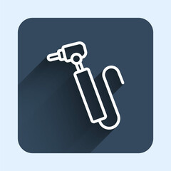 White line Tooth drill icon isolated with long shadow background. Dental handpiece for drilling and grinding tools. Blue square button. Vector