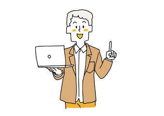 ノートパソコンを手に説明をする男性　コミカルな手書きの人物　ベクター、線画にシンプルな色つけ