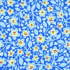 Seamless pattern Spring blooming tree branches on a blue sky background White and light pastel colors