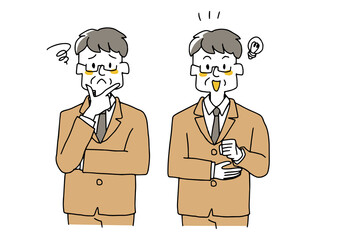 中年のビジネスマンが考えている様子と思いついた様子のセット　コミカルな手書きの人物イラスト