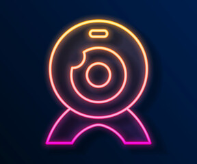 Glowing neon line Web camera icon isolated on black background. Chat camera. Webcam icon. Vector