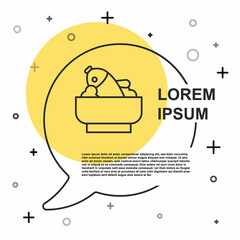 Black line Rice with fish in a bowl icon isolated on white background. Traditional Asian food. Random dynamic shapes. Vector