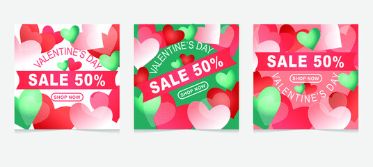 Valentine's Day Sale 50% off Poster or banner with many sweet hearts and on  trendy color background. Promotion and shopping template or background for Love and Valentine's day concept. Vector illustr