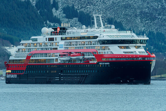 Fridtjof Nansen exploration cruise ship sailing in the fjord of Norway.