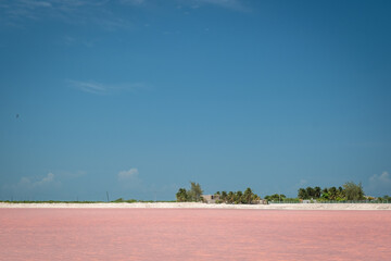 Pink lake with white salt near the shore. In the background, a salt factory against a blue sky. Las...