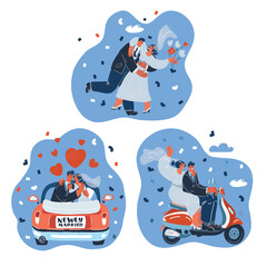 Vector illustration of Beautiful pregnant asian woman stand wedding couple dance together, ride in car or scooter. Honey moon and Newly Married concept