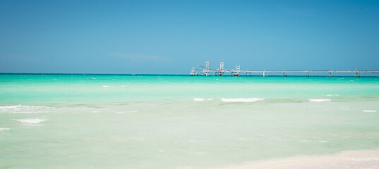 Sandy coast of the Gulf of Mexico near Rio Lagartos. Salt Factory Transporter, Yucatan, Las Coloradas