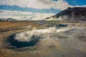 Fumarole field in Hverir geothermal zone Iceland. Famous tourist attraction