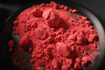 Freeze dried strawberry powder. Food background.