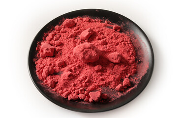 Freeze dried strawberry powder. Food background.