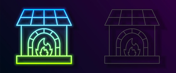 Glowing neon line Blacksmith oven icon isolated on black background. Vector