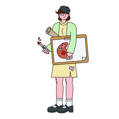 Female artist vector illustration in line filled design