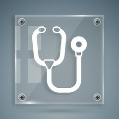 White Stethoscope medical instrument icon isolated on grey background. Square glass panels. Vector