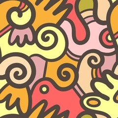 Seamless abstract pattern on orange background. Vector doodle image. Graphic linear wallpaper.