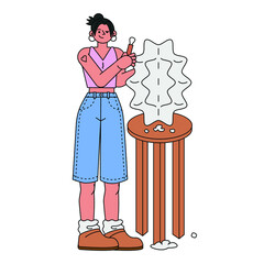 Female sculptor artist vector illustration in line filled design