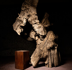 An empty, wooden podium-stand illuminated by a beam of light against the background of a wooden, dry, decorative snag. The exhibition stand in the dark key.