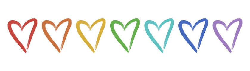 Seven hearts in rainbow colors on white background