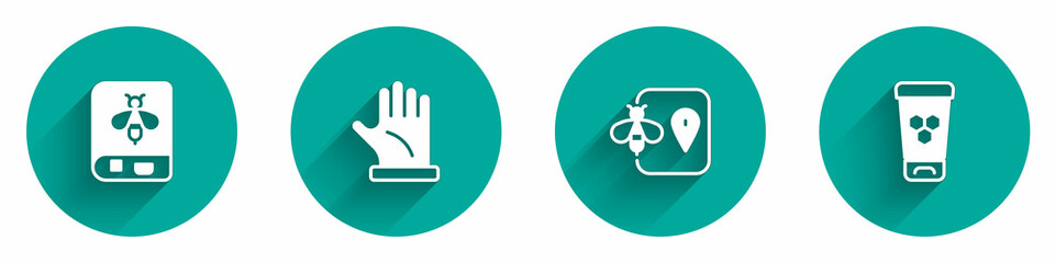 Obraz premium Set Book about bee, Beekeeper glove, location and Cosmetic tube with honey icon with long shadow. Vector