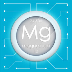 Realistic button with Magnesium symbol. Chemical element is Magnesium. Vector isolated on white background