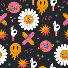 Abstract shapes and retro cute funny comic characters seamless pattern. Smiling flowers, hands clip art. Hand drawn colorful vector illustration on black background. Trendy modern flat cartoon style
