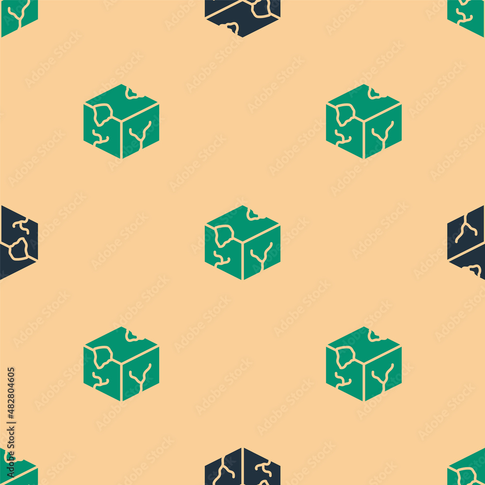 Aufkleber green and black isometric cube icon isolated seamless pattern on beige background. geometric cubes s