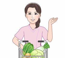 スーパーのカートを押す女性