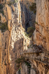 Royal Trail also known as "El Caminito Del Rey". Mountain path along steep cliffs in gorge Chorro, Malaga, Andalusia, Spain