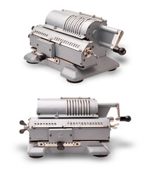set of old adding machine, cut out on white background