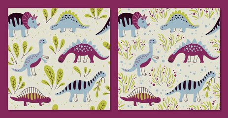 Different dinosaurs - set of Seamless patterns. Vector Background for fabric, textile, posters, gift wrapping paper. Print for kids, baby, children