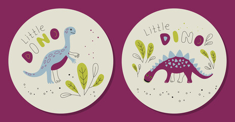 Different dinosaurs on a light background  - set of prints. Vector Print for kids, baby, children. Composition in a circle.