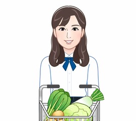 スーパーのカートを押す女性