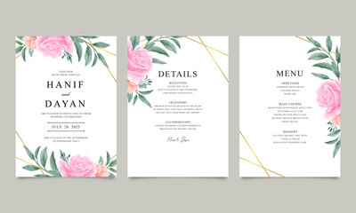 beautiful wedding invitation set with gold geometric decor and rose pink watercolor