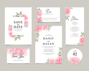 Fototapeta na wymiar A pack of beautiful template wedding invitation cards set with watercolor red roses and green leaves