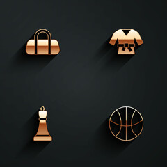 Set Sport bag, Kimono, Chess and Basketball ball icon with long shadow. Vector